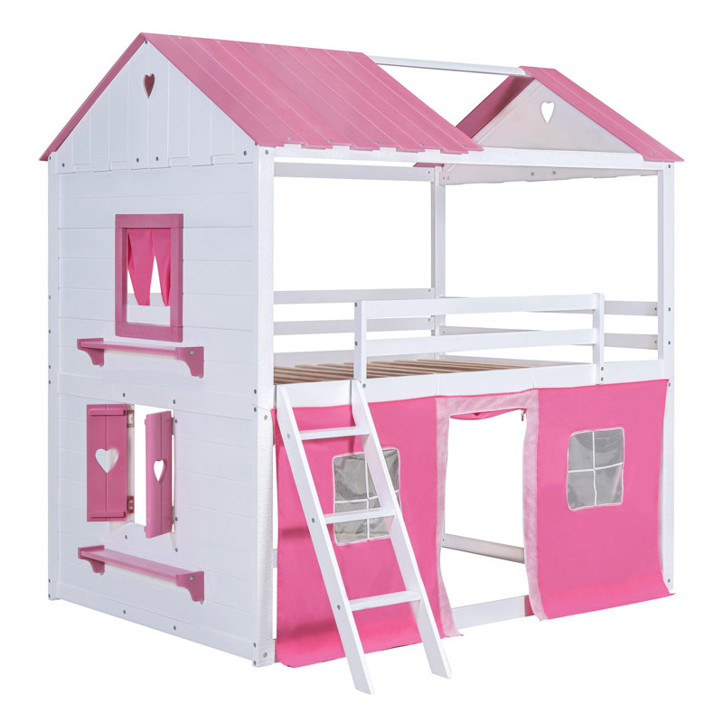 Lit superposé style maison basse avec toit, Simple , Blanc / rose