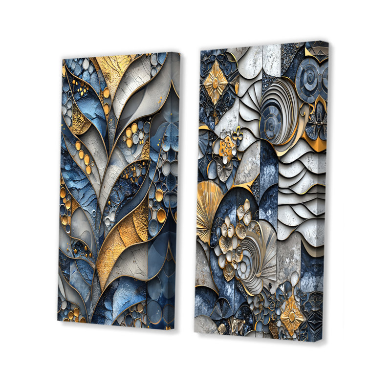 «Blue and Grey Coastal Abstract Tiles I», ensemble de 2 reproductions d'art mural, H 28 po x l 24 po, Ne s’applique pas