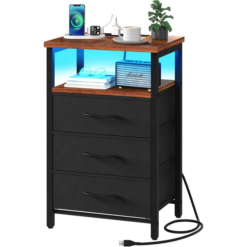 Night Stand With Charging Station, 3 Fabric Drawers Nigh...