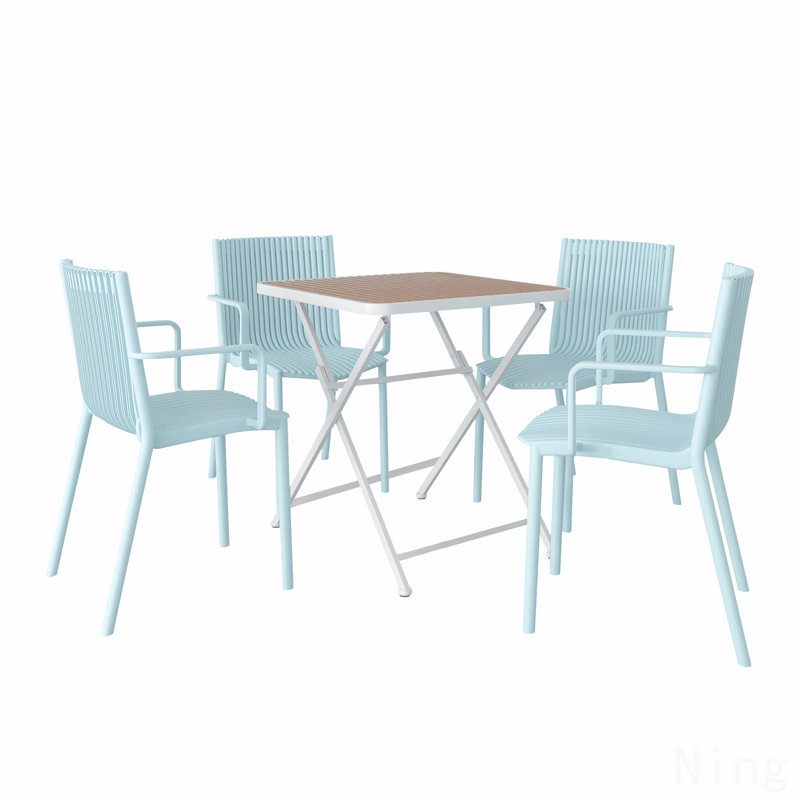4Pcs Light Blue Stackable Pp Armchair For Indoor/Outdoor Use-Ergonomic Slatted Back, With Modern Folding Indoor/Outdoor Multi-Functional Square Table- Pp Tabletop With Metal Legs
