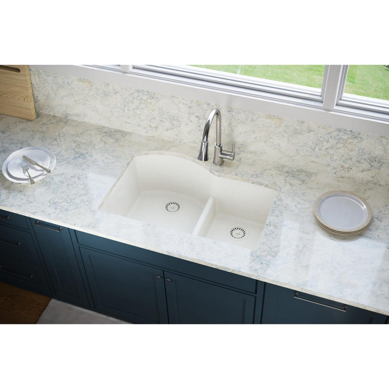 Évier de cuisine à double cuve à montage sur plan avec diviseur turquoise Quartz Luxe L 33 po x l 22 po, Ricotta
