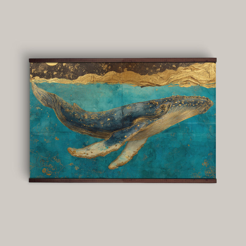 Art mural sur toile de baleine bleue - tapisserie de baleine côtière, H 45 po x l 73 po