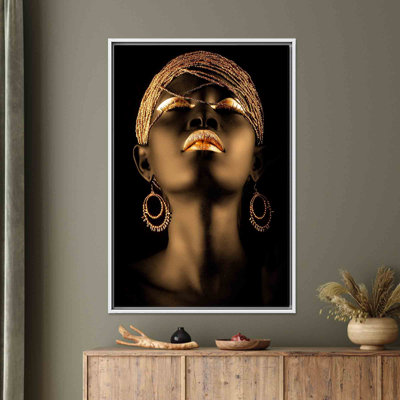 Gold Lip African Woman Canvas: Printed Art with Elegant Visual Impact,1P WhiteFramedCanvas