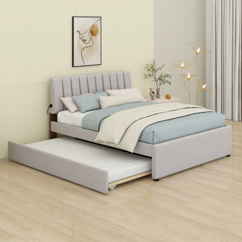 Lit plateforme tapissier avec lit gigogne, Beige