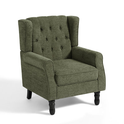 Duward Upholstered Green Button Tufted Wingback Accent Chair with Rolled Arm and Thick Padded Cushion
