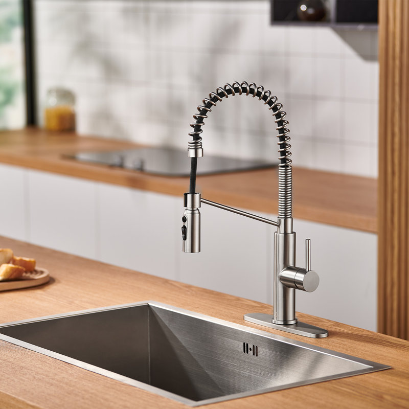 Bolden CASAINC 1.8 GPM Spring Neck Pull Down Kitchen Faucet with Deck Plate, Brushed Nickel