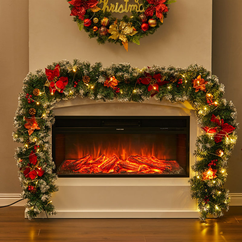 270cm Lighted Faux Garland with Lights, Dark Green/Red
