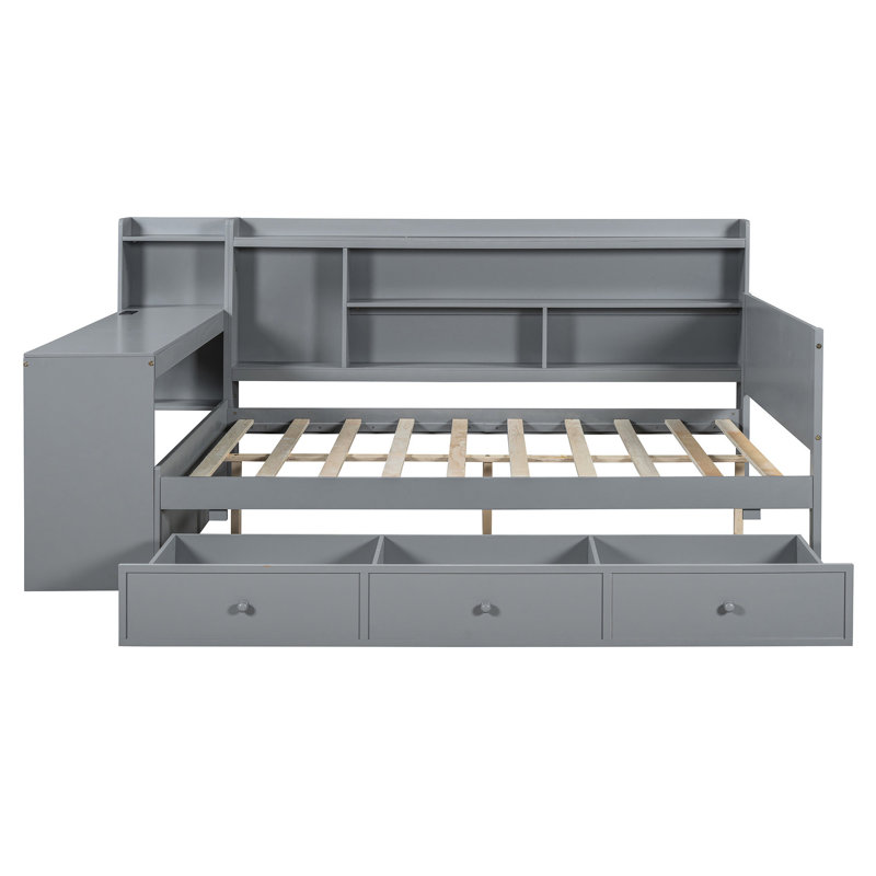 Lit de jour pleine grandeur avec 3 tiroirs, bureau de chargement en bois de pin gris pour un sommeil réparateur, Gris