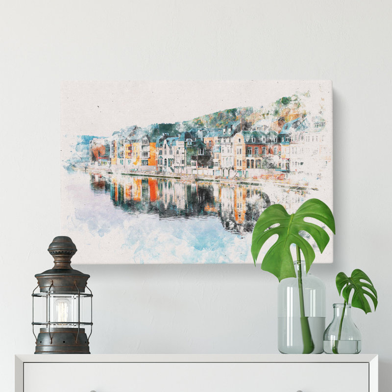 Row Of Houses In Dinant Belgium Watercolour - Wrapped Canvas Print, 60cm H x 91cm W x 3cm D