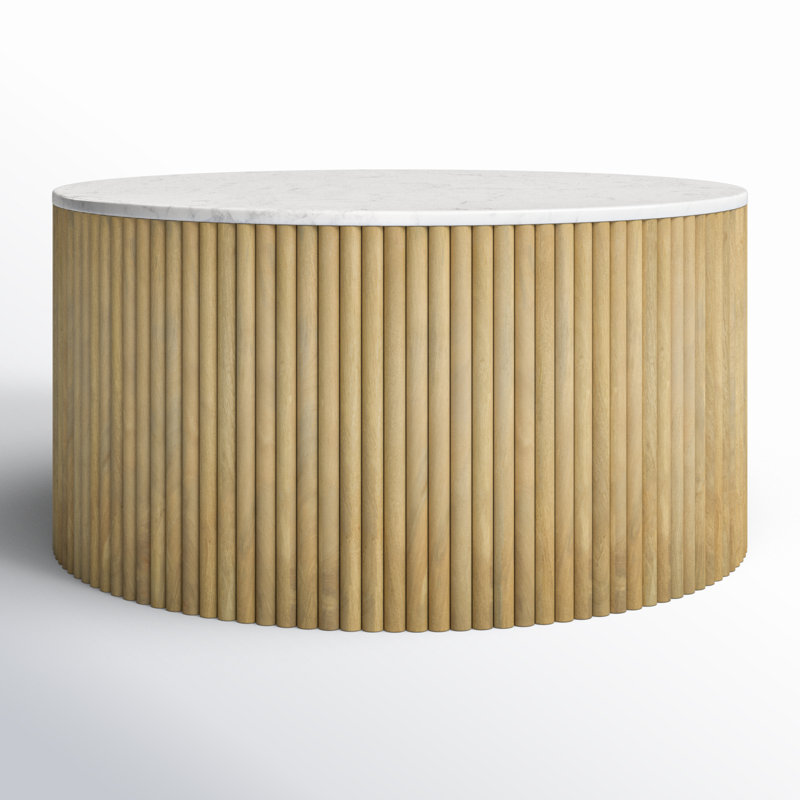 Carmela Round White Marble and Mango Wood Coffee Table
