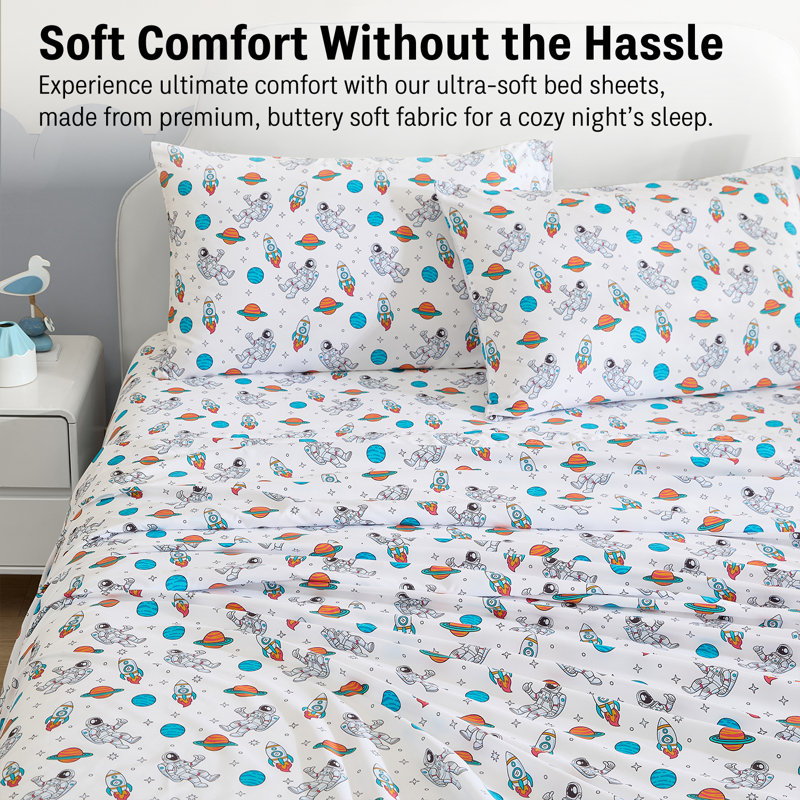 HLC.ME Astronaut Space Printed Kids Bed Sheets - 4 Piece Patterned Bed Sheet Set - Wrinkle Resistant & Ultra Soft - Fits Mattresses up to 15 Inches Deep - Full
