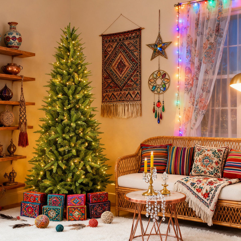 Arbre de Noël mélangé vert avec support, non pré-éclairé et pré-éclairé, 11 tailles disponibles, H 9 pi, Oui