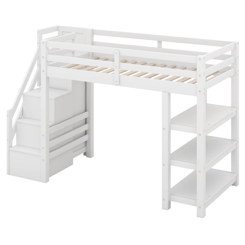 Lit mezzanine avec escalier et tablettes de rangement, structure de lit mezzanine en bois avec lumières DEL et bibliothèque, lits mezzanine peu encombrants