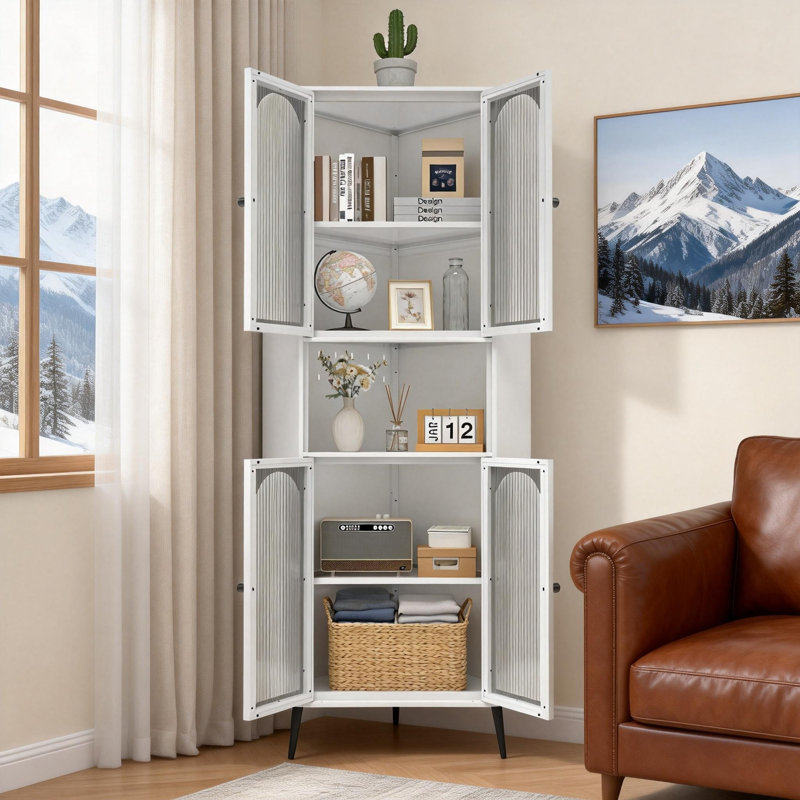 Armoire de coin de 73 po, armoire de rangement en métal avec portes et tablettes réglables, rangement de coin élégant et peu encombrant pour vestibule, salle de bain, chambre à coucher, salle à manger, salon, bureau (blanc)