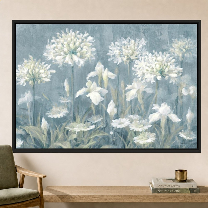 «Spring Blossoms II Slate Blue» par Danhui Nai - impression sur toile, H 44 po x l 64 po, Noir