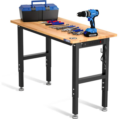 Établi de garage réglable, bureau de travail robuste en bois d'hévéa de 48 po x 22 po avec prises de courant, pied de nivellement, 5 hauteurs, bancs de travail d'une capacité de 1 500 lb pour garage, atelier