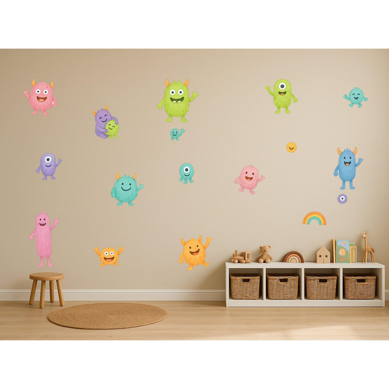 Cute Monster Wall Decals, Set of 17 Peel and Stick Nursery Wall Stickers, Satin Finish Removable Kids Room Wall Art, 20"W x 20"H (50 x 50 cm)