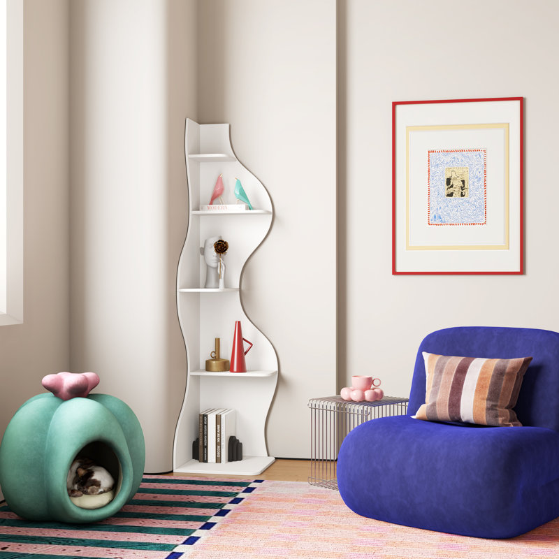 Corner Bookshelf, 5 Tier Modern Wall Shelf Bookcase Small Storage Rack Stylish Accent Wavy For Small Space, Plant Stand, Orange