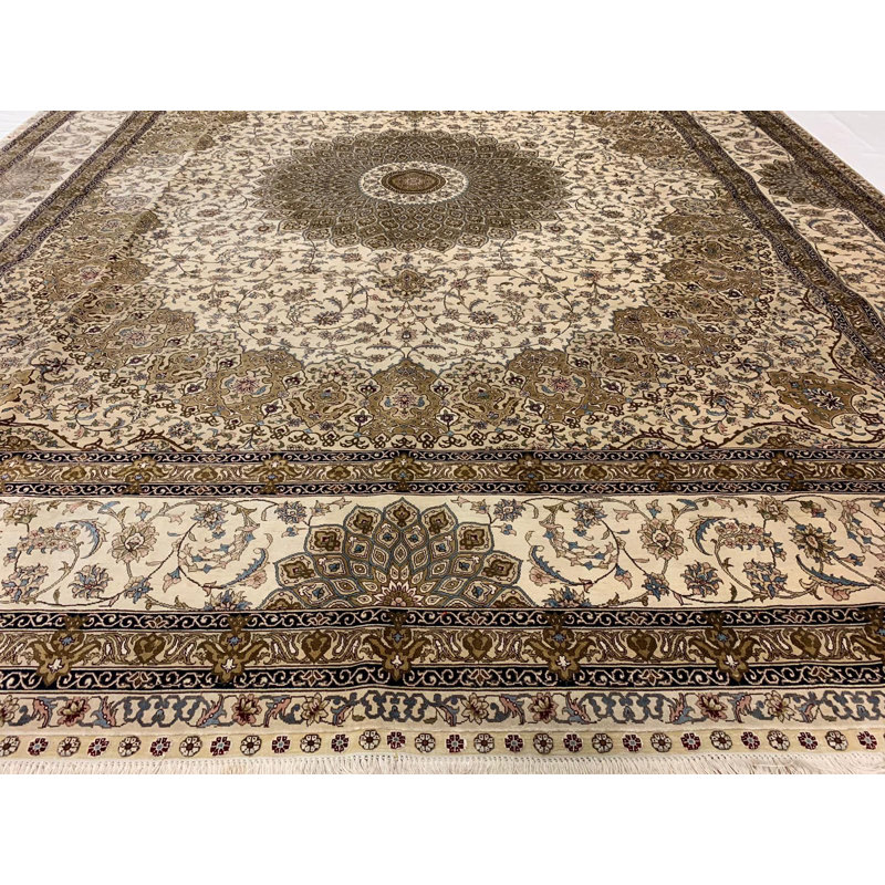 Tapis unique en soie noué à la main ivoire / brun 8 pi 3 po x 10 pi 3 po