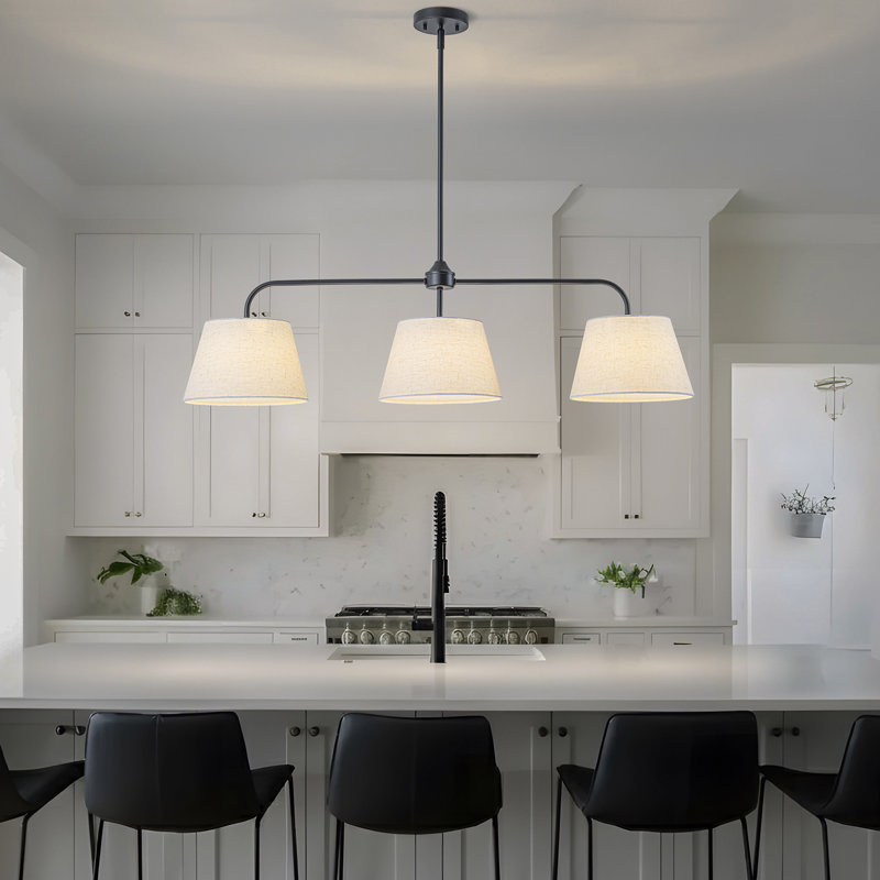 3-light Modern Linear Linen Drum Pendant, Matte Black
