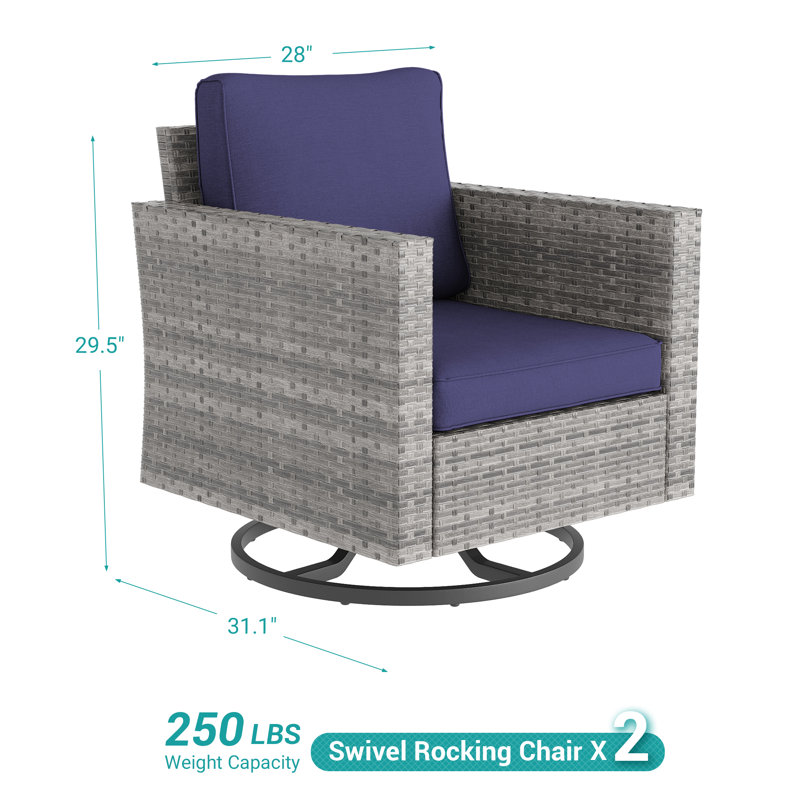 PE Wicker Patio Swivel Chair(Set of 2), Navy Gray Cushion/Gray Frame
