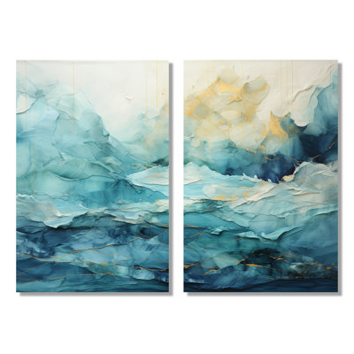 «Teal Yellow Ocean Serenade Pastoral», art mural océanique, bleu sarcelle, reproduction sur toile 2 pièces