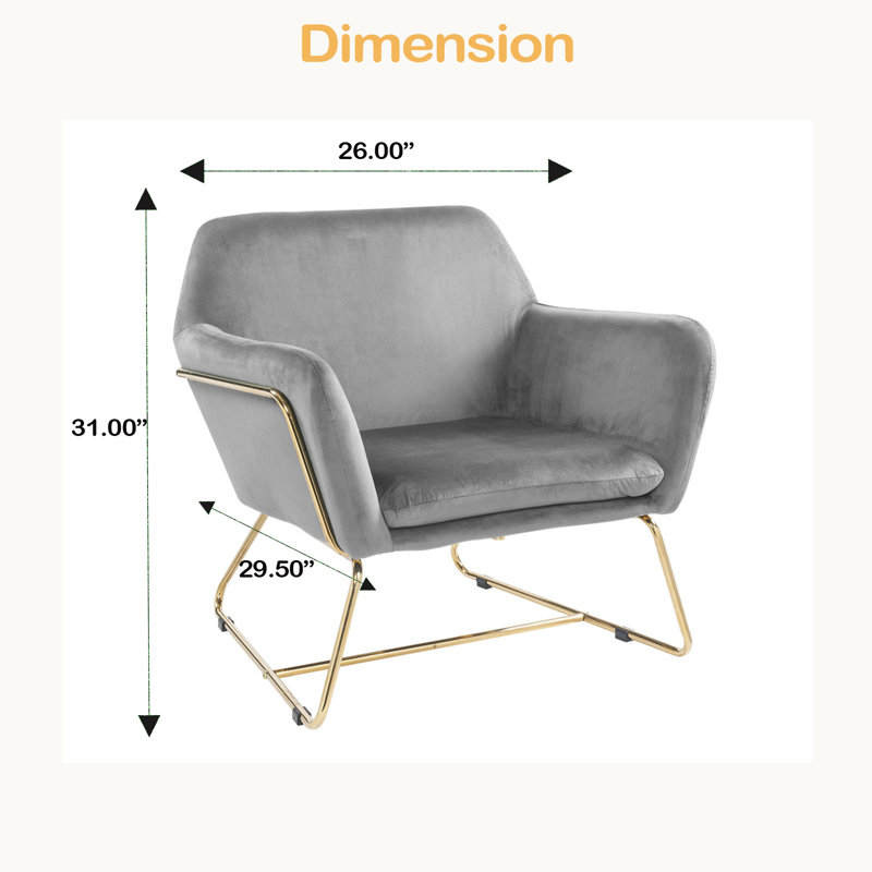 Chaise d'appoint en velours 29,5 "avec base en métal, Gris