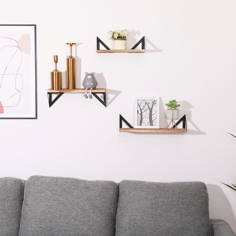 Long Wall Shelves - 3 Natural Wood With Brackets For Mounting In Bedroom, Living Room, Kitchen, Bath