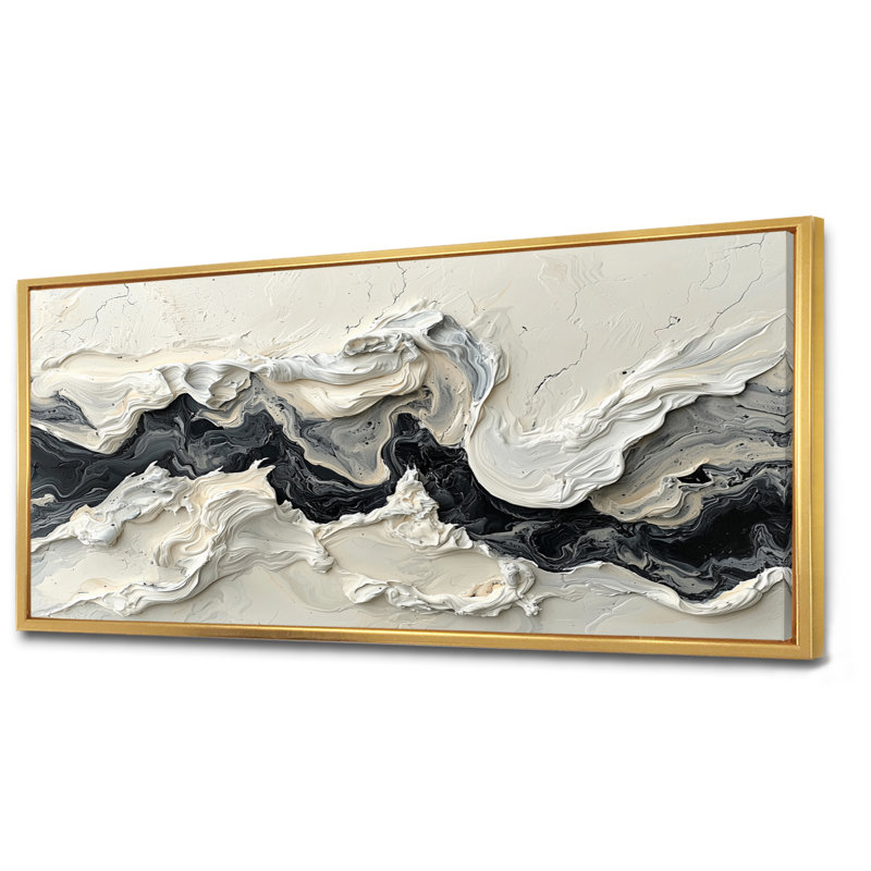 Marbre moderne, transfert de l'encre monochrome V - art mural abstrait en marbre, H 28 po x l 60 po, Cadre flottant, Doré