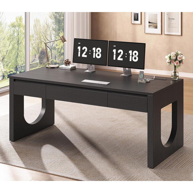 Modern Office Desk With 3 Drawers, 55" Executive Desk With U-Shaped Legs, Black