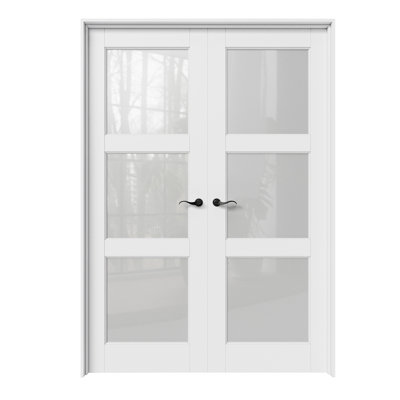 72" x 80" Interior French Door, 3-Lite Tempered Frosted Glass Doors, Complete Jamb Kit, Black Hinges, 4 Curve Levers & Latch, White Primed Paint‑Ready & Solid Core Door, Privacy & Frosted Glass