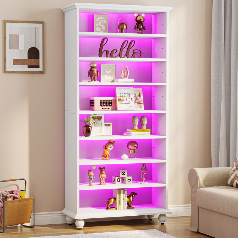 9-Tiers Tall Bookcase With LED Lighting, White