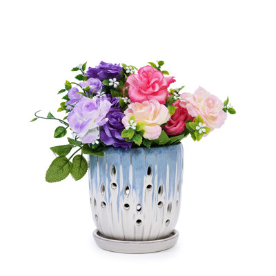 Pots de fleurs en céramique blanc bleu 8 po, céramique renforcée, finition brillante, drainage pour le développement des racines dans les espaces intérieurs et extérieurs pot de fleurs, couleur, trou, patio idéal, salon de jardin