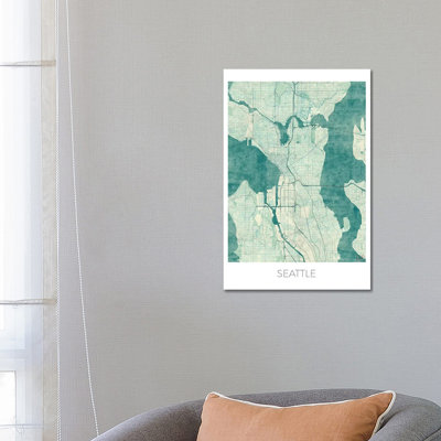 Seattle Vintage Blue Watercolor Urban Blueprint Map 1 Piece Wrapped Canvas Wall Art