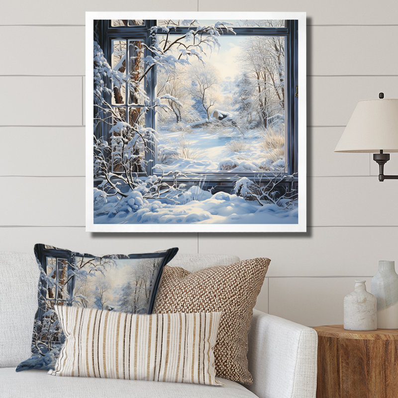 «Winter River Window View I - Winter Landscape», art mural, Cadre simple blanc, H 30 po x l 30 po x P 1,5 po