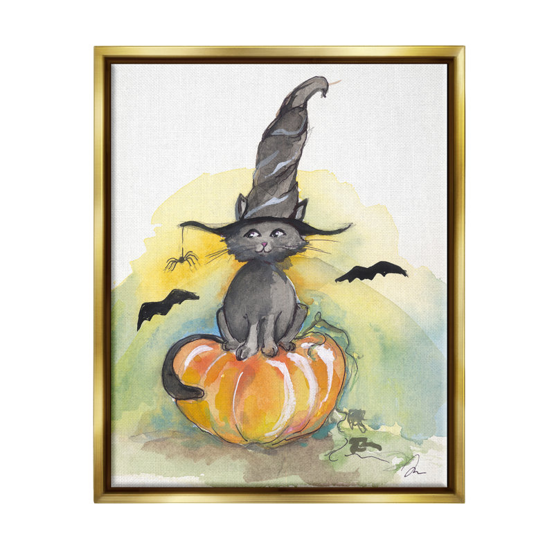 «Witch Cat On Pumpkin» encadré sur bois par Jessica Mingo, impression, H 31 po x l 25 po x P 1,7 po