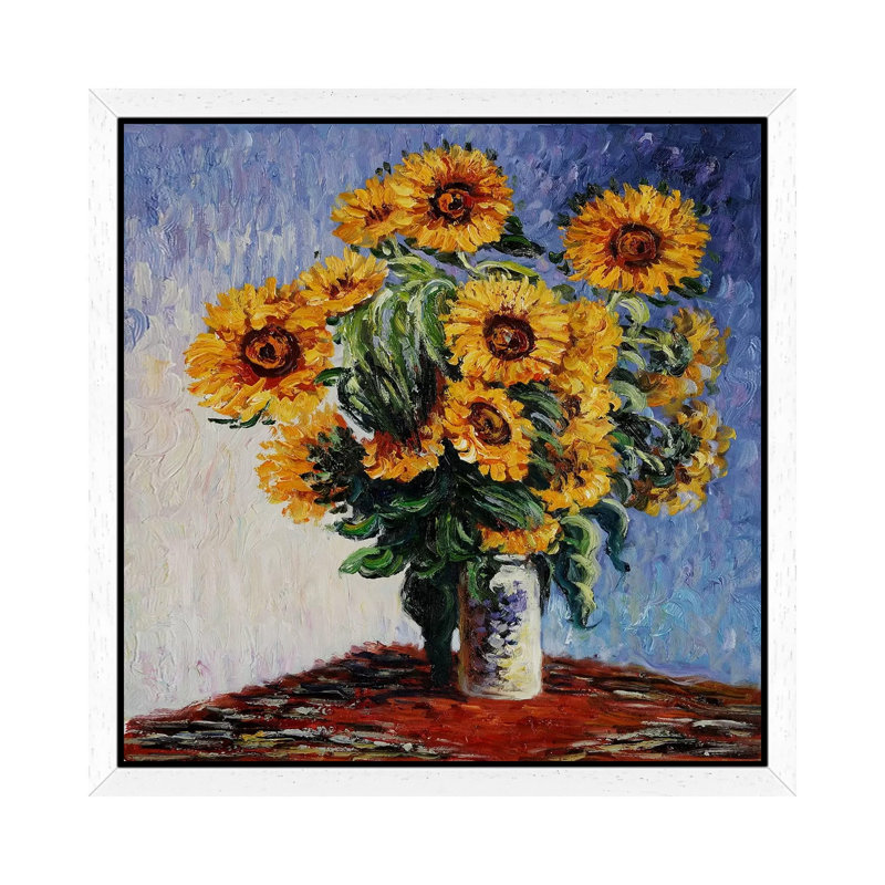 Sunflowers by Claude Monet - 1 Piece Floater Frame Painting on Canvas, 45.72 cm H x 45.72 cm W, White