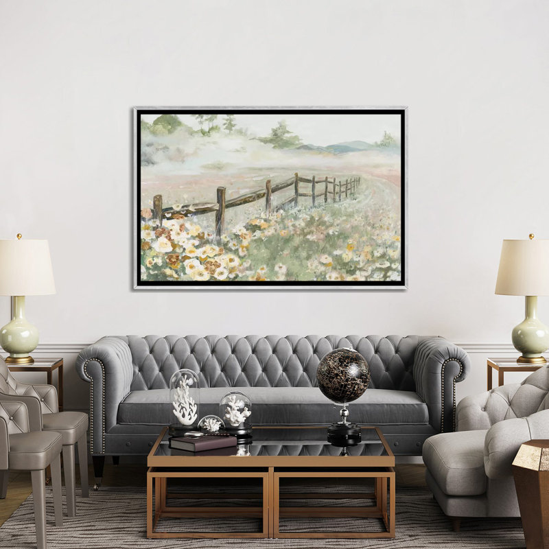 « Clôture avec fleurs » par Patricia Pinto, reproduction d’art, H 60 po x l 40po x P 1,5 po, Toile avec cadre argenté