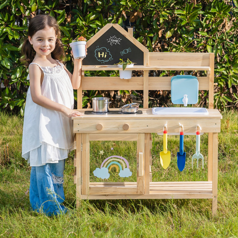 Outdoor Mud Kitchen for Kids – Wooden Play Kitchen with Accessories, Faucet & Water Tank, 3 Garden Toy Tools & Chalkboard, Kids Kitchen Playset Pretend Play Set,