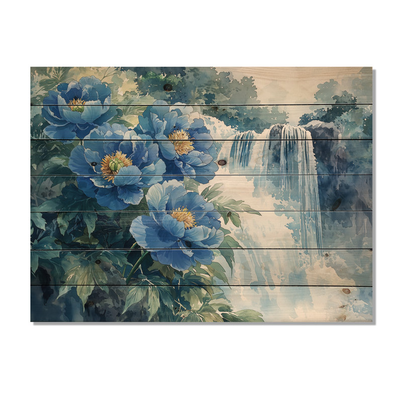 Pivoines par la cascade IV - reproduction de bois de pivoines - sur bois de pin naturel, H 10 po x l 20 po x P 0,78 po