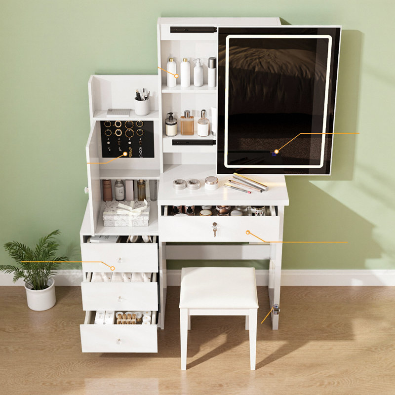 31" Slim Vanity – Sliding LED Mirror Reveals 2 Hidden Cubbies, 9 Total Spaces, 2 AC + USB-C Power Hub, PU-Cushion Stool, Scratch-Proof White Finish