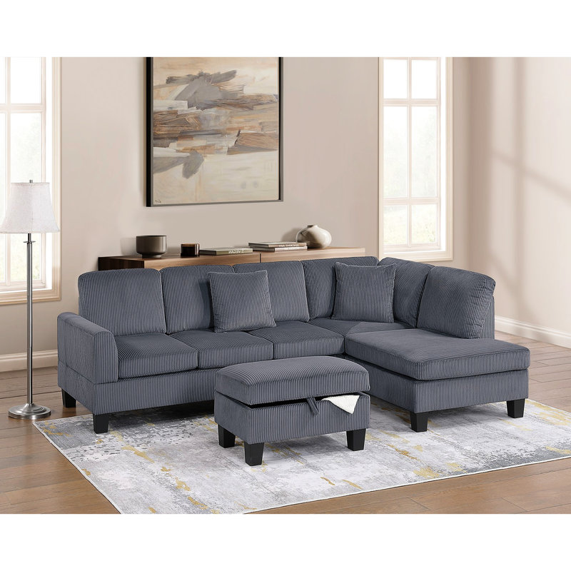Canapé modulaire 3 pièces en velours côtelé gris foncé avec méridienne et rangement pour une maison contemporaine confortable