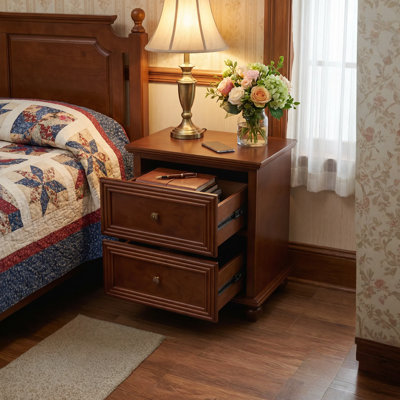 Mid Century Modern Nightstand with Charging Station and 2 Drawers