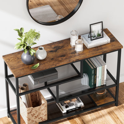 39.4" Rustic 4-Tier Narrow Console Table with Glass Shelves, Industrial Sofa Table for Entryway