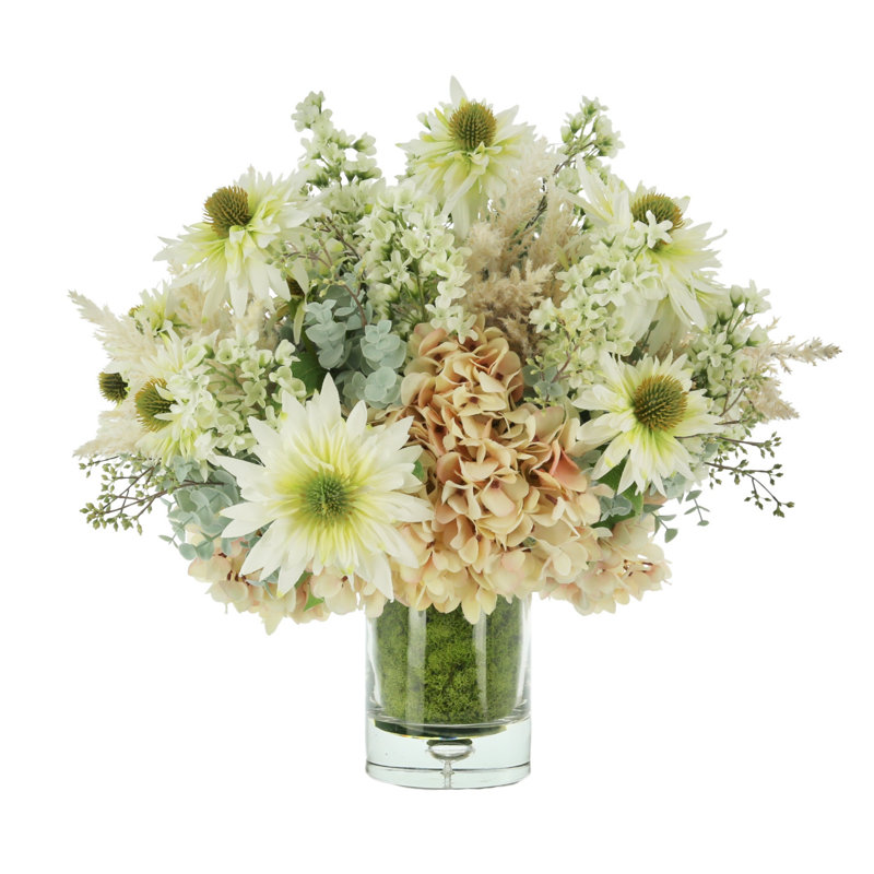 Hydrangea, Daysis,Lilac And Pampas Arrangement In A Glass Vase With Moss