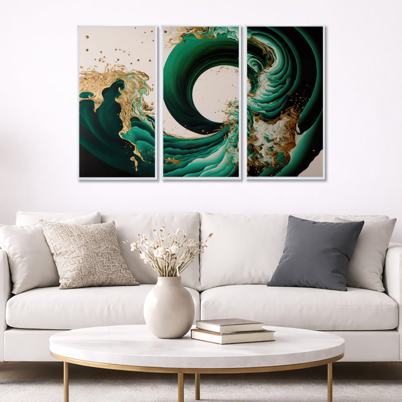 Beffrey Divaraj vert émeraude et vagues abstraites dorées IV - 3 pièces, reproduction sur toile, H 28 po x l 36 po, White