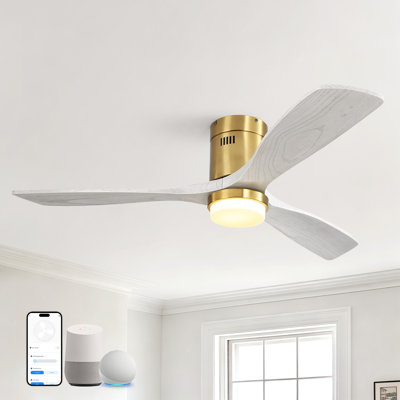 Ventilateur de plafond encastré intelligent de 52 pouces à 3 pales en bois massif avec lumière et commande à distance/application/vocale (or et gris pâle)