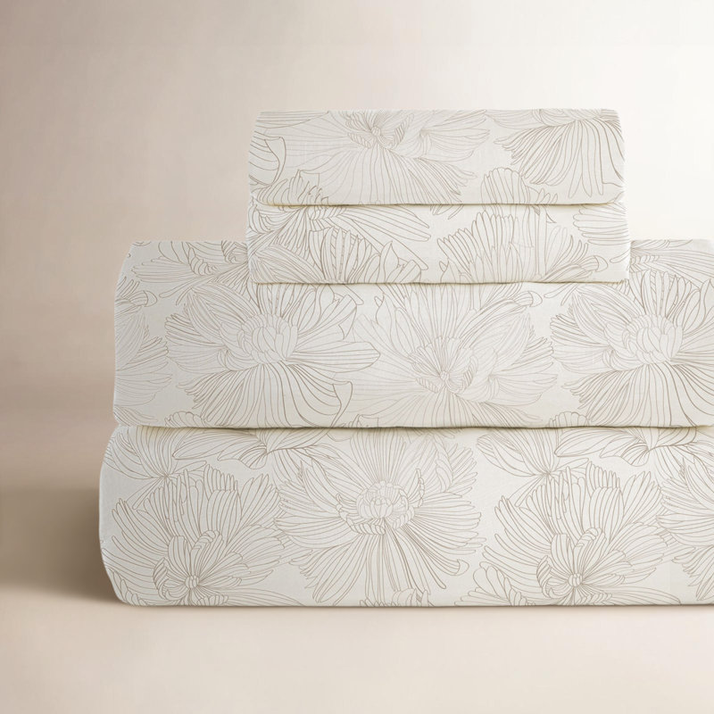 100% French Linen Sheet Set, Queen Sheet Set with 2 Pillowcases, Cream/Putty Floral