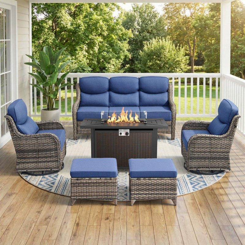 Abbey 6-Piece Wicker Patio Conversation Set With Fire Pit Table & 6-Inch Luxury Cushions Swivel Chairs, Blue, Gray