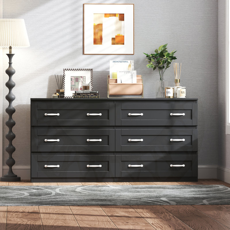 Modern 6-Drawer Side Cabinet, Wood Chest with Metal Handles for Efficient Storage and Stylish Home Organization, Black